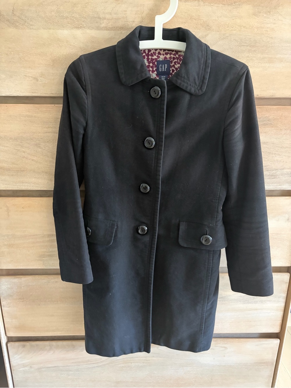 Vintage GAP Black Pea Coat With Heart Patterned Lining